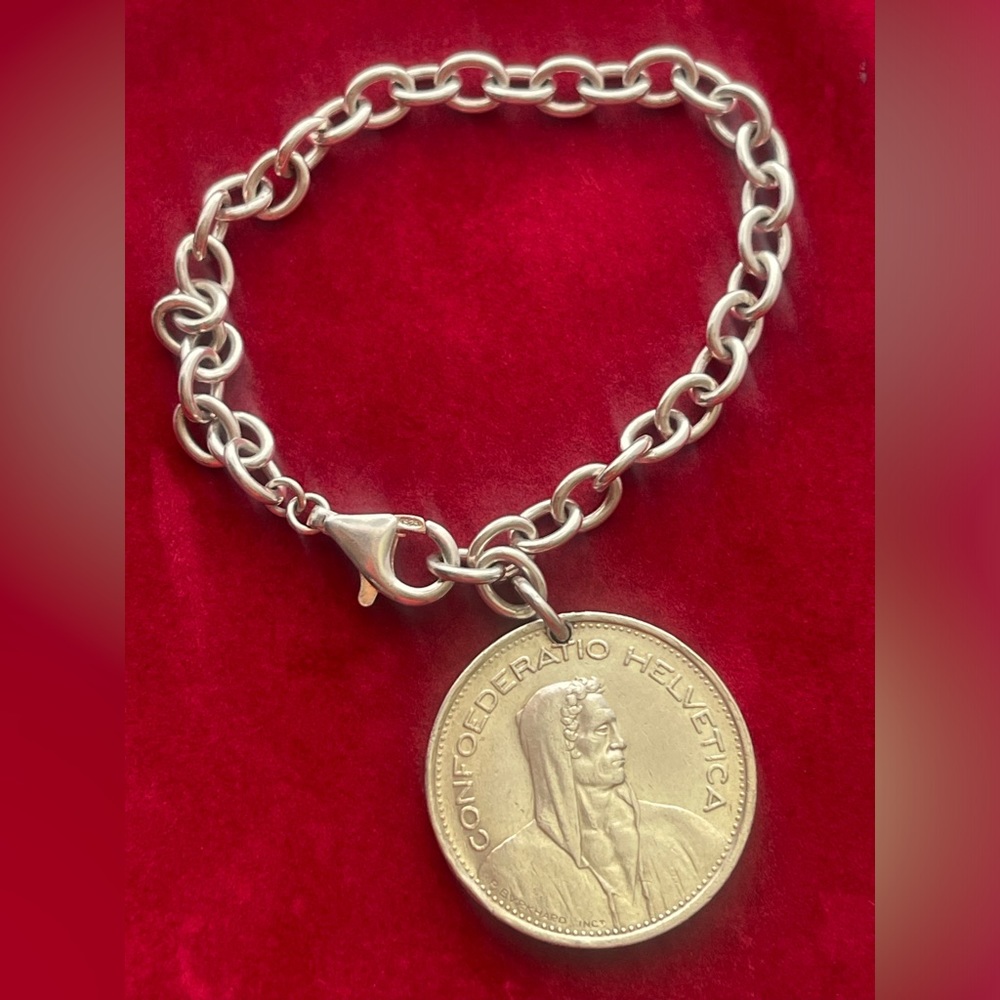 Unique gift Swiss silver coin bracelet